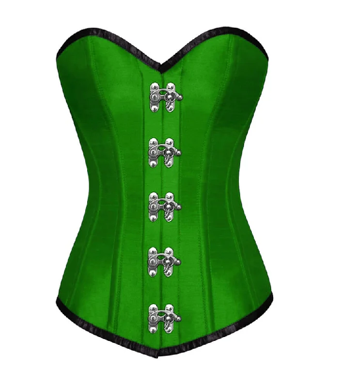 Corset dress with fitted bodice-Green Satin Seal Lock Gothic Steampunk Corset Waist Training LONGLINE Overbust