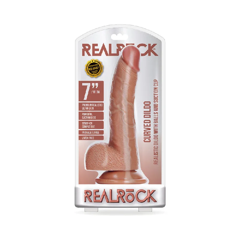 firm-dildo-Realrock Curved Realistic Dildo With Balls And Suction Cup 7 In. Tan