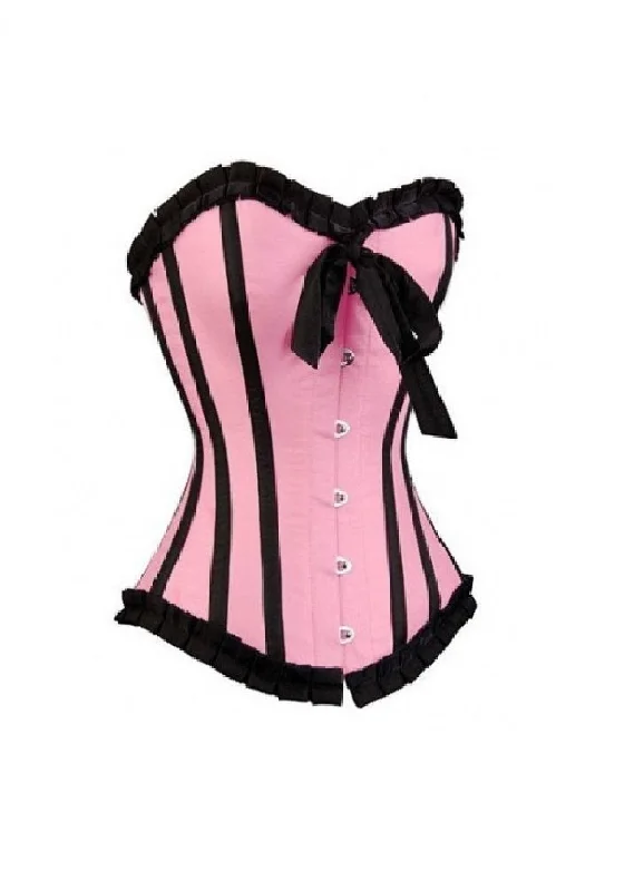 Corset in deep red-Pink Satin Black Frill Gothic Retro Overbust Corset Waist Training Burlesque Costume