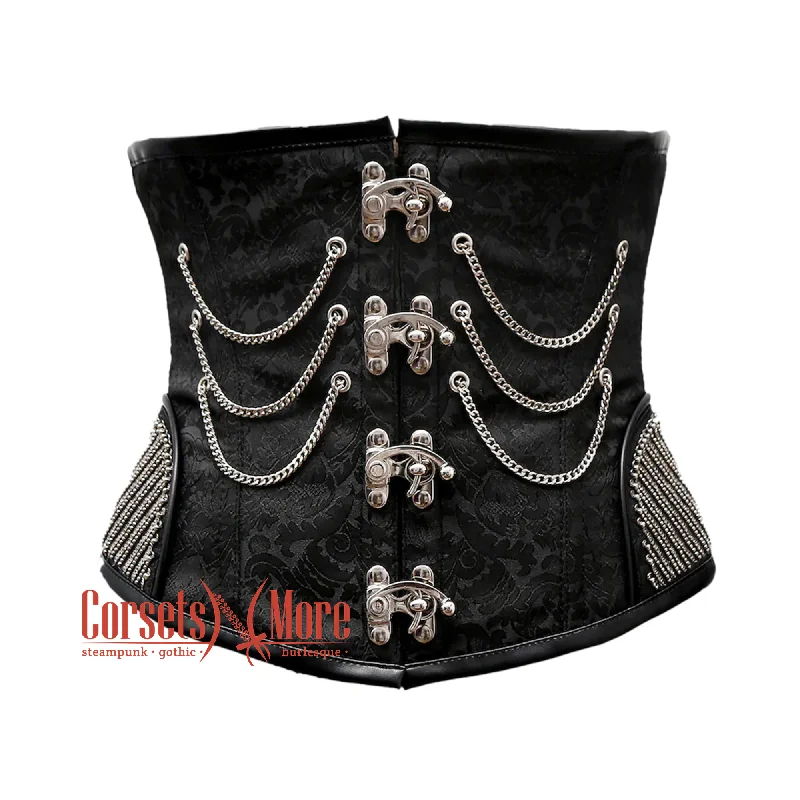 Corset for sculpted figure-Plus Size Black Brocade With Silver Sequins Work Steampunk Underbust Corset Gothic Costume Bustier Top