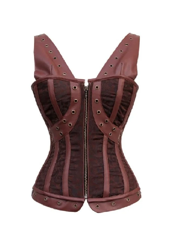 Corset in deep teal-Brown Brocade Leather Shoulder Straps Overbust Corset Waist Training Period Costume