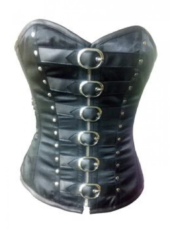 Corset dress with a-line skirt-Women’s Black Leather Belts Zipper Gothic Steampunk Bustier Waist Training Overbust Corset Costume