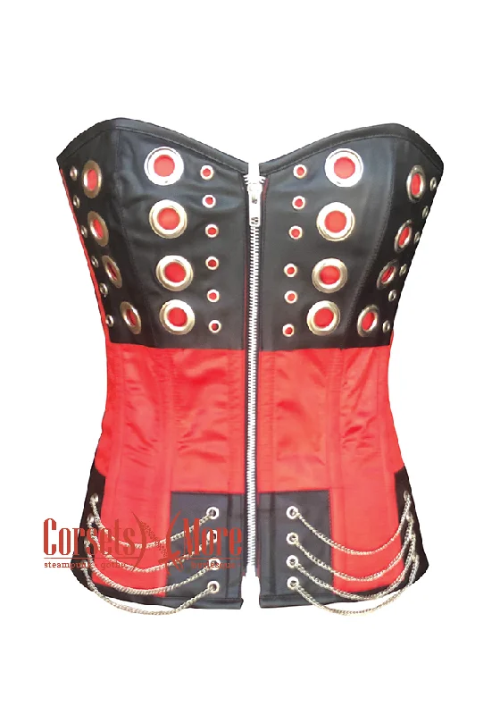 Corset top in abstract print-Red and Black Satin with O-Rings Steampunk Costume Overbust Corset Top