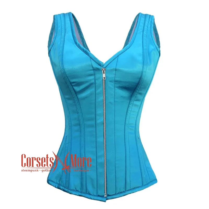 Corset with ribbed texture-Plus Size Baby Blue Satin With Front Silver Zipper Gothic Overbust Burlesque Corset Waist Training Top