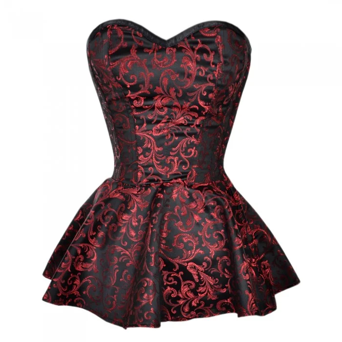 Corset dress for outdoor wedding-Perditaa Black And Red Brocade Peplum Corset Dress