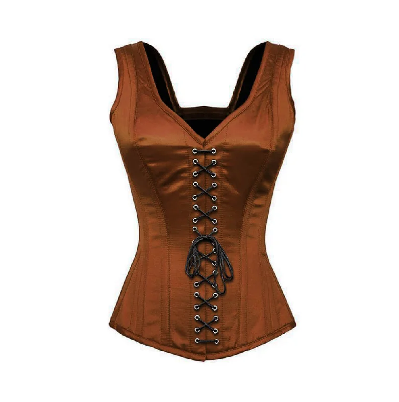 Corset with side lacing-Brown Satin Shoulder Straps Gothic Burlesque Corset Waist Training Overbust