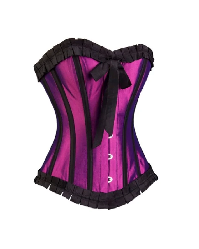 Corset dress in floral lace-Purple Satin Black Frill Goth Retro Overbust Corset Mardi Gras Costume