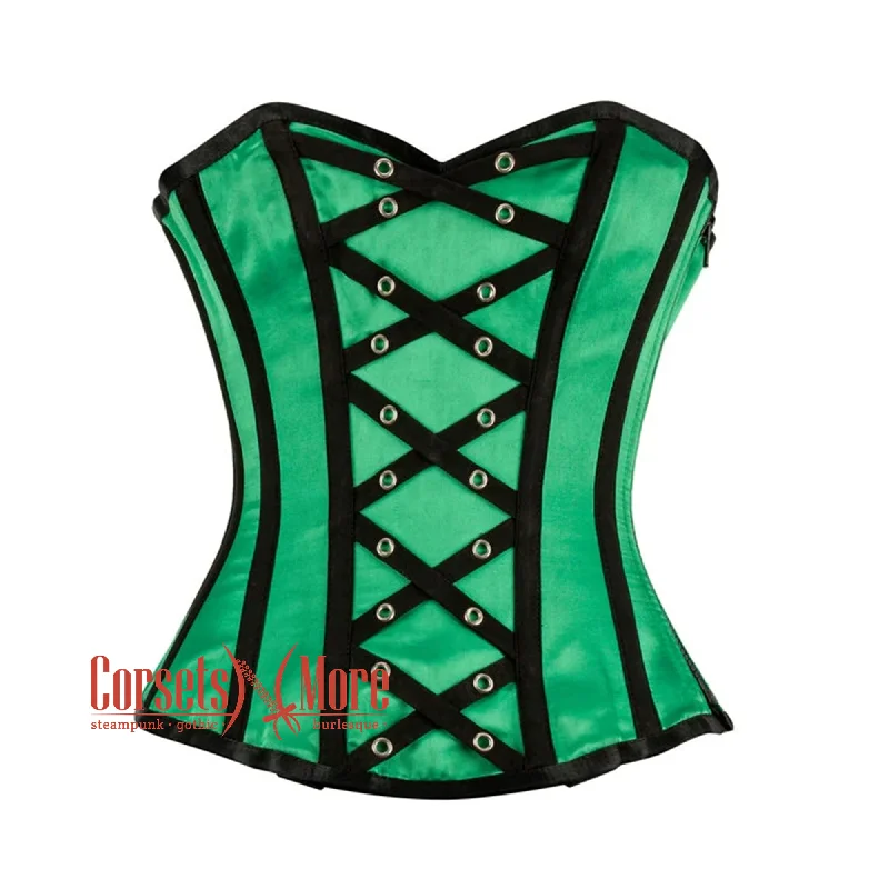 Corset for vintage lingerie-Green And Black Satin Gothic Corset Burlesque Overbust Top