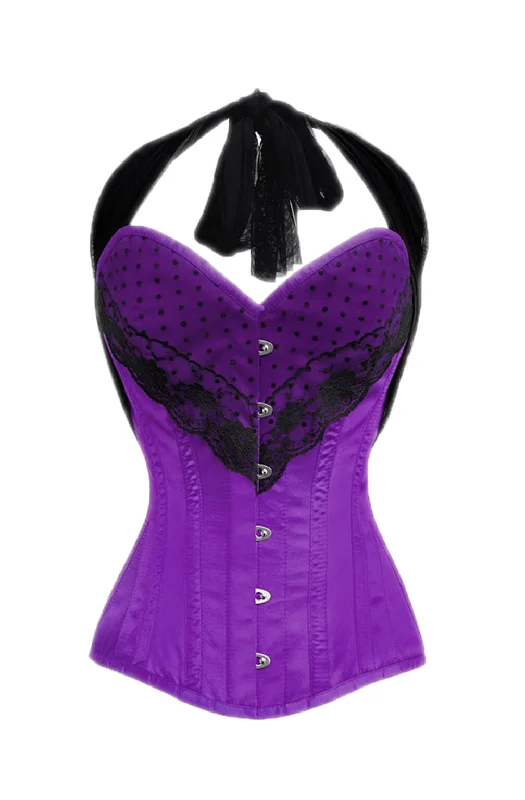 Corset for modern elegance-Purple Satin Corset Black Net Halter Neck Gothic LONGLINE Overbust Costume for Mardi Gras