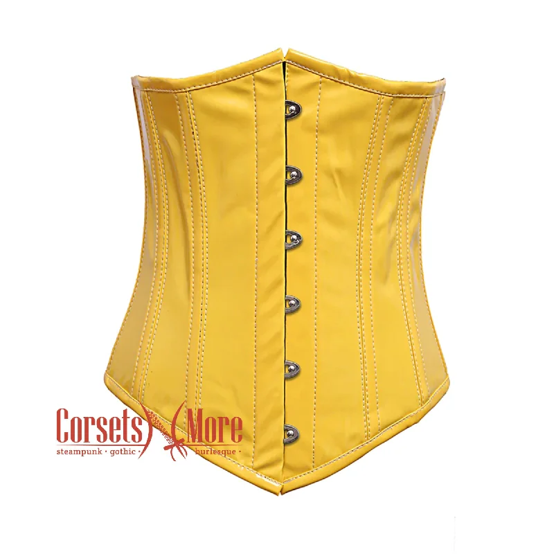 Corset with draped fabric-Plus Size Yellow PVC Leather With Front Silver Busk Gothic Long Underbust Waist Training Corset