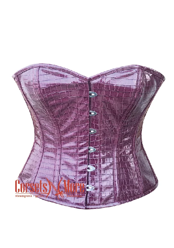 Corset dress for retro party-Wine Corset Crocodile Skin Texture Faux Leather Overbust Bustier Top