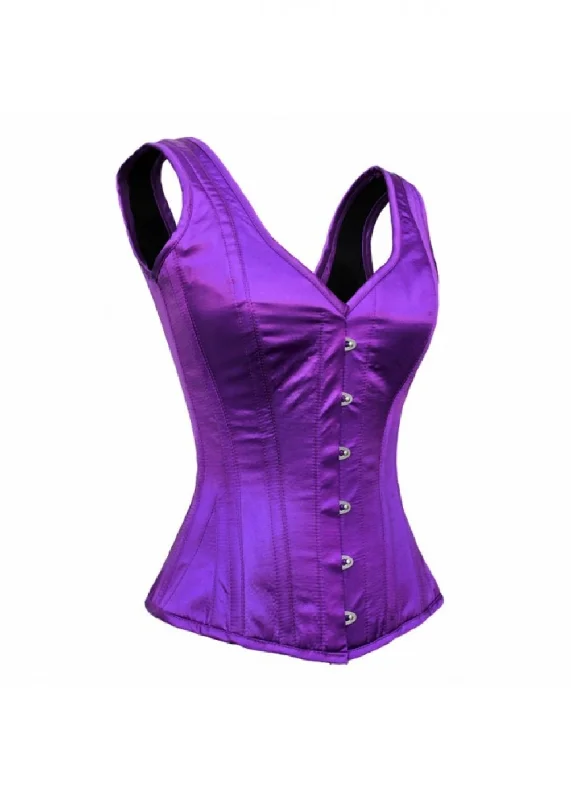 Corset dress for vintage wedding-Purple Satin Shoulder Strap Gothic Burlesque Costume for Mardi Gras Overbust Corset Top