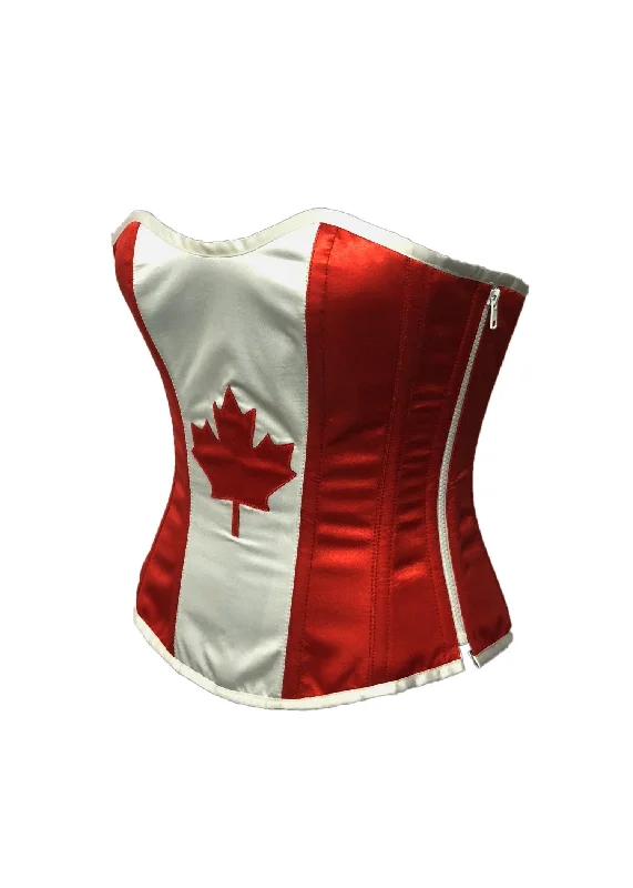 Corset in dark purple-Canada Flag Red And White Satin Handwork Plus Size Overbust Corset Waist Training