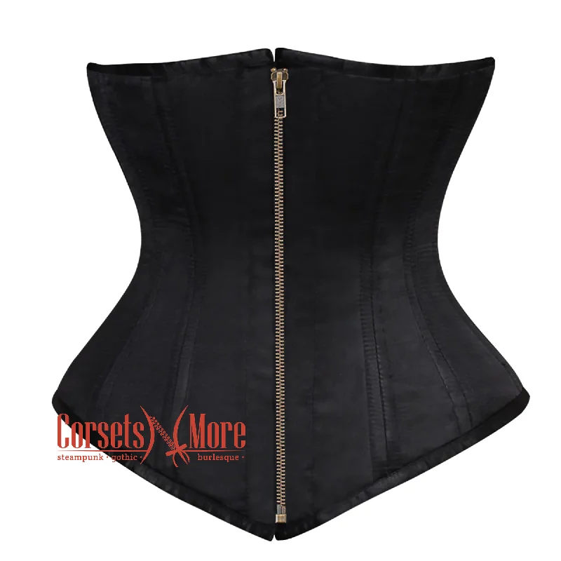 Corset with scalloped lace-Plus Size Black Satin Double Boned Front Antique Zipper Longline Underbust Steampunk Corset