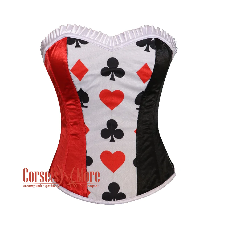 Corset in golden yellow-Red Black Satin With White Frill Overbust Valentine Corset Bustier Top