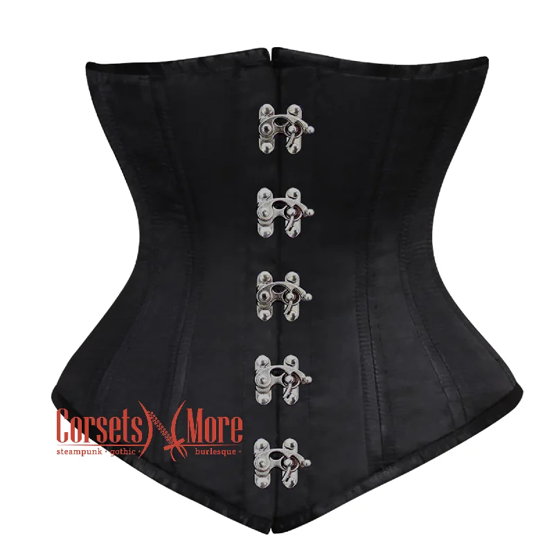 Corset with ruched sleeves-Plus Size Black Satin Double Boned Front Clasps Longline Underbust Steampunk Corset