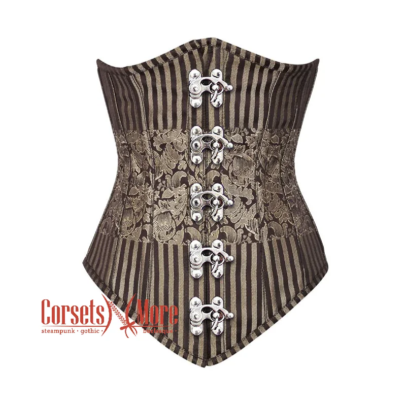 Corset with button details-Plus Size Brown and Golden Brocade With Front Silver Clasps Gothic Long Underbust Corset