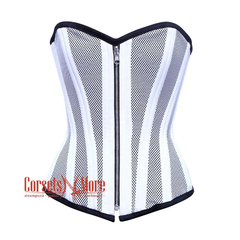 Corset for modern elegance-White Satin With Mesh Front Zipper Burlesque Gothic Overbust Corset Bustier Top