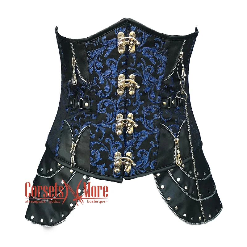 Corset dress for winter formal-Plus Size Blue And Black Brocade Black Faux Leather Steampunk Costume Heavy Duty Underbust Corset