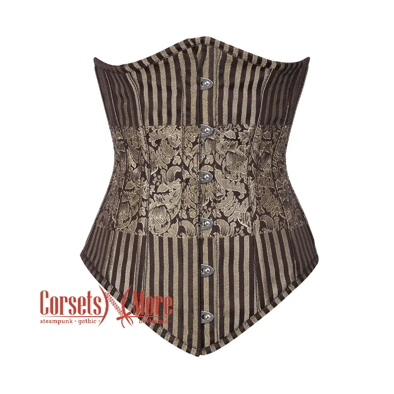 Corset dress for cruise wear-Plus Size Brown and Golden Brocade With Front Silver Busk Gothic Long Underbust  Corset