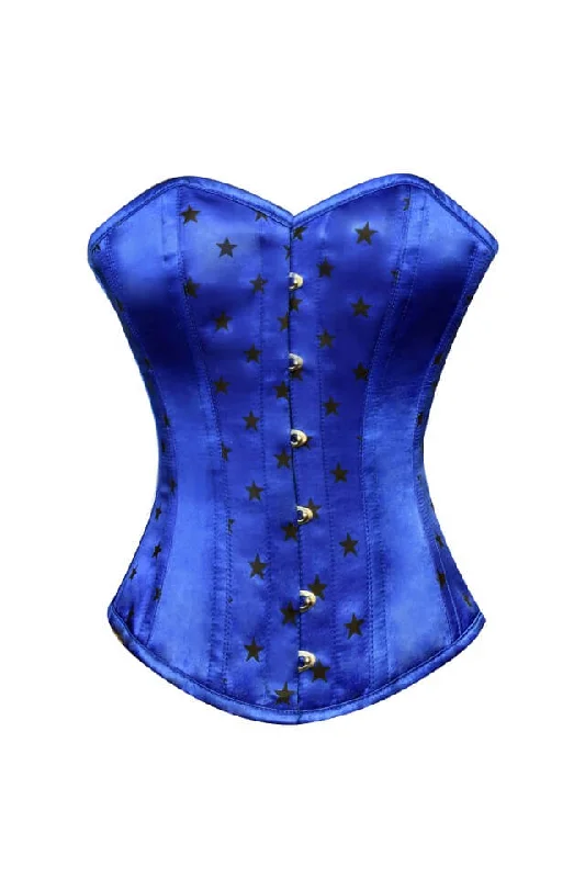 Corset with floral applique-Blue Satin Stars Print Gothic Burlesque Corset Waist Training Overbust