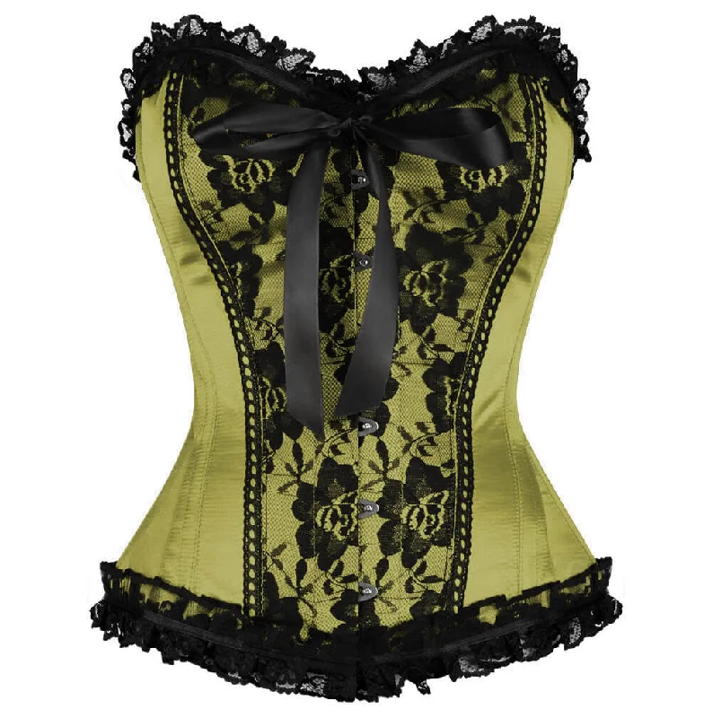 Corset dress for winter formal-Waist Training Olive Green Satin Corset Black Frill N Net Gothic Burlesque Overbust