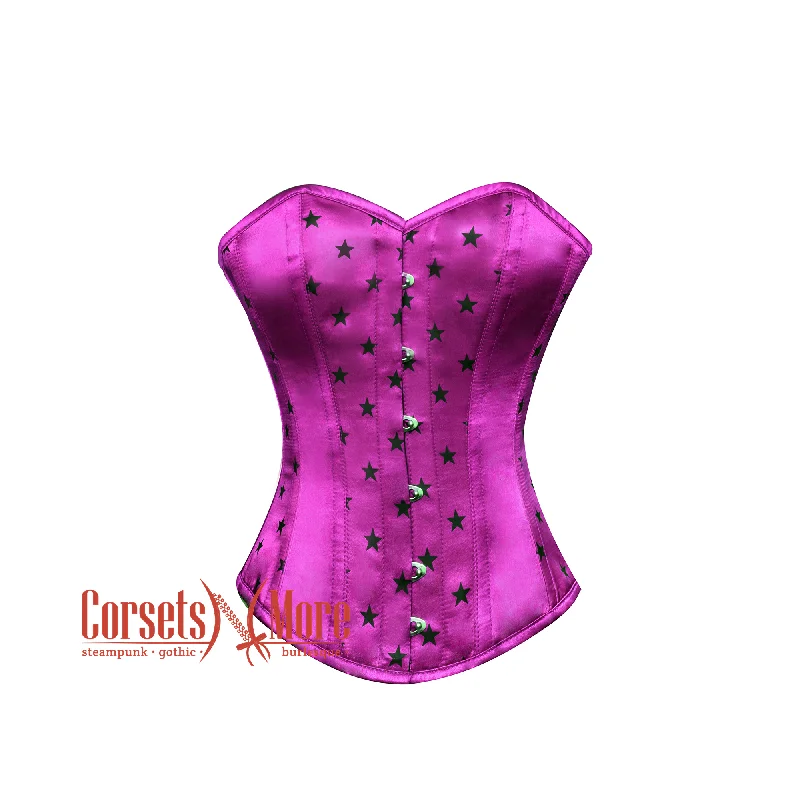 Corset top in tie-dye-Purple Satin Corset Black Stars Print Gothic Burlesque Bustier Overbust