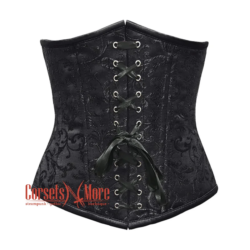 Corset for elegant layering-Plus Size Black Brocade Front Ribbon Double Boned Underbust Gothic Corset