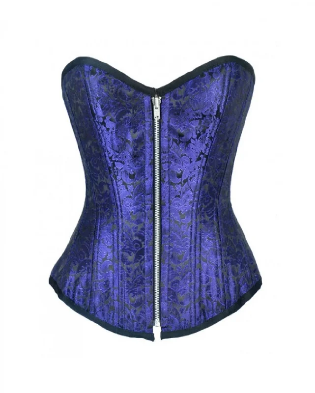 Corset for tummy control-Blue Brocade Double Bone Overbust Corset Waist Training Gothic Costume Top