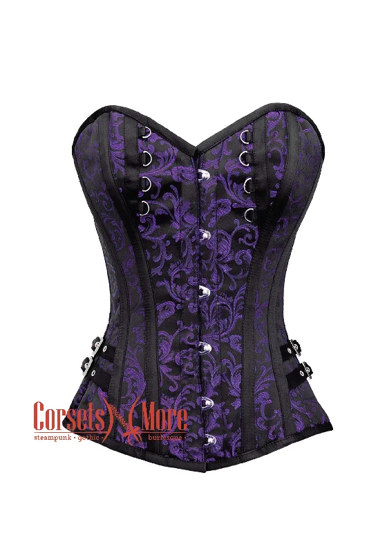 Corset dress for gothic wedding-Purple and Black Brocade Overbust Corset Bustier Heart Top Costume