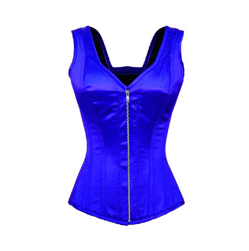 Corset dress with long sleeves-Blue Satin Shoulder Straps Burlesque Bustier Overbust Waist Training Corset