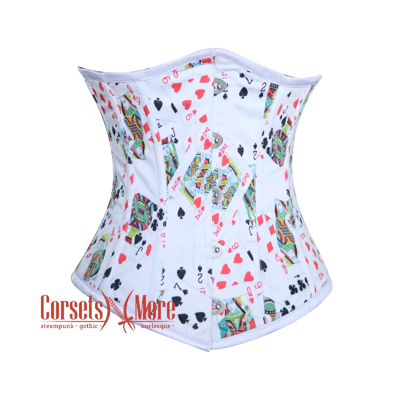 Corset top for casual wear-Plus Size Playing Cards Printed White Satin Corset Gothic Costume Underbust Top