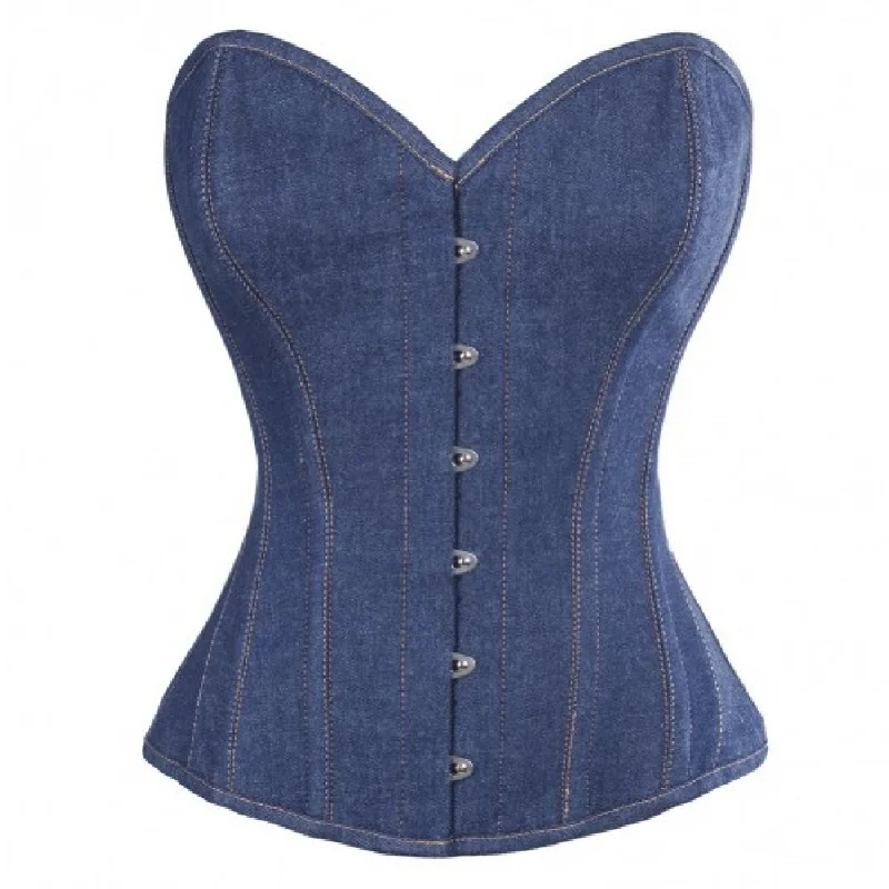 Corset dress for anniversary dinner-Blue Denim Gothic Steampunk Bustier Waist Training Costume Burlesque Overbust Corset