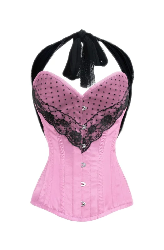 Corset for defined curves-Pink Satin Corset Black Net Halter Neck Waist Training LONGLINE Overbust