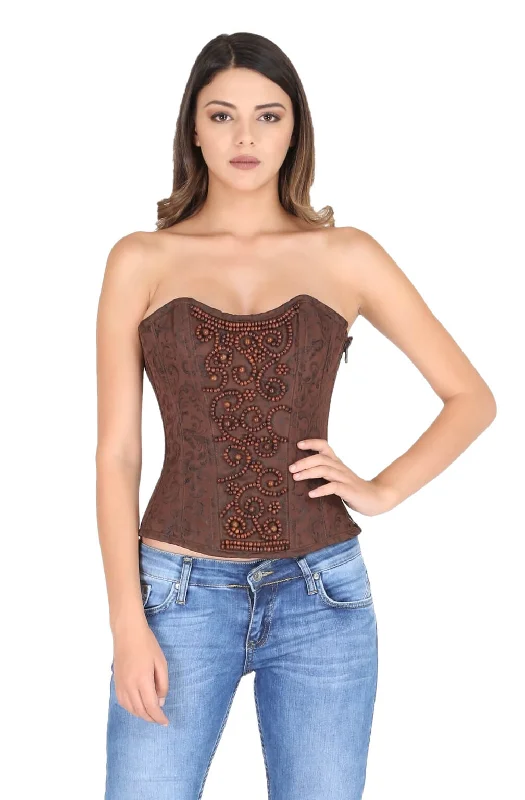 Corset top with square neckline-Brown Brocade Wood Beads Work Zipper Gothic Corset Costume Waist Training Overbust Bustier Top