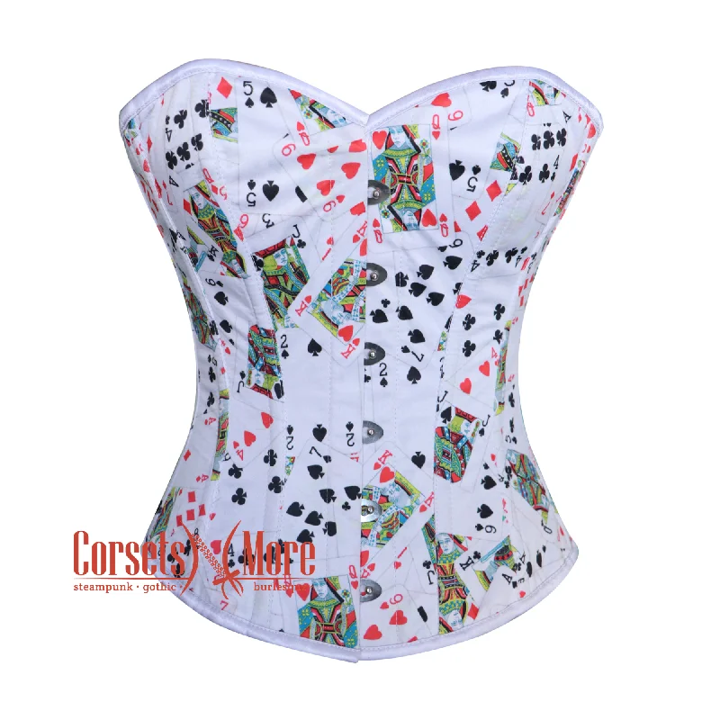 Corset in smoky gray-Playing Cards Printed White Satin Corset Gothic Christmas Costume