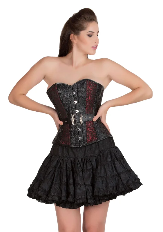 Corset for waist training-Red Black Brocade Leather Waist Training Bustier Overbust Corset Top