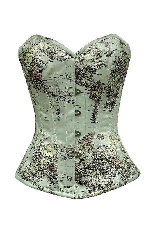 Corset top with lace overlay-Raegan Green World Map Polyester Satin Overbust Corset