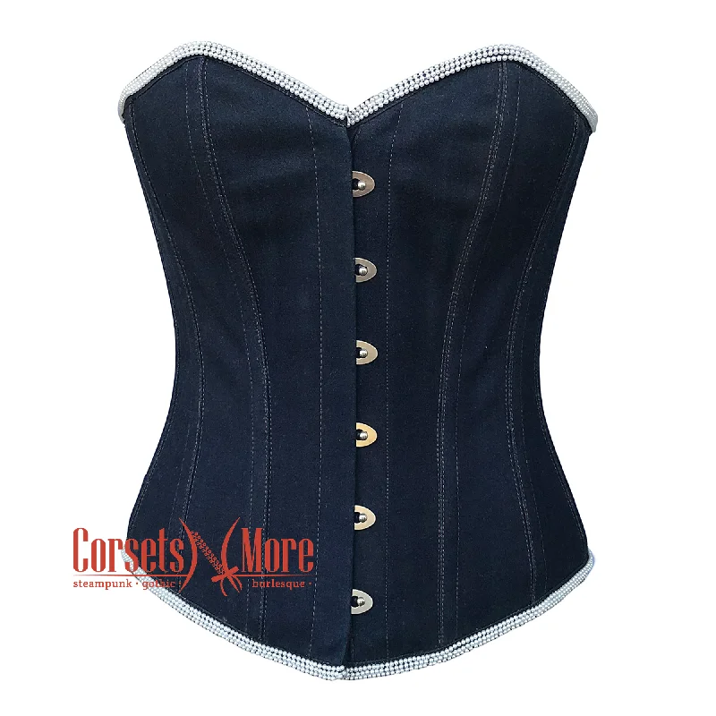 Corset for slimming effect-Blue Denim White Perl Piping Burlesque Gothic Overbust Corset Top