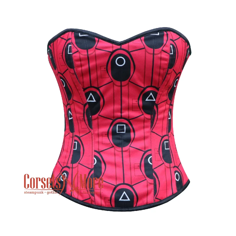 Corset for belly control-Red And Black Printed Lycra Burlesque Squid Game Costume Overbust Bustier Top