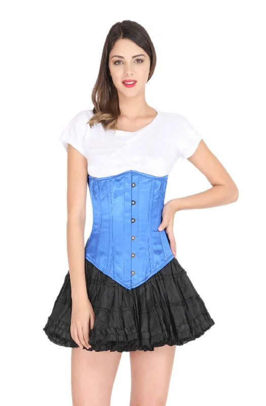 Corset dress with wrap skirt-Blue Satin Corset Gothic Burlesque Costume Waist Training LONGLINE Underbust Bustier Top