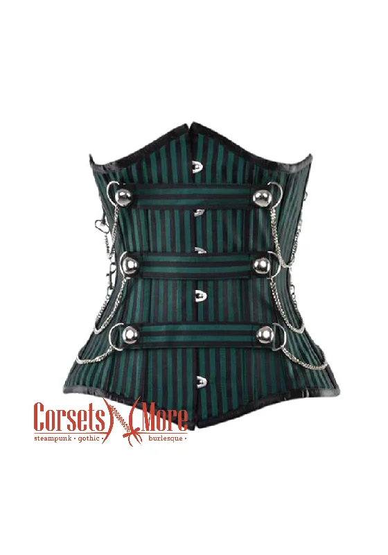 Corset with embroidered roses-Green and Black Striped Brocade Steampunk Underbust Costume Corset