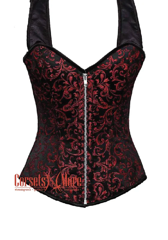 Corset for Victorian fashion-Red and Black Brocade With Shoulder Strap Silver Zip Overbust Corset Top