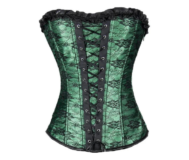 Corset top in abstract print-Green Satin Black Net Gothic Burlesque Corset Waist Training Overbust