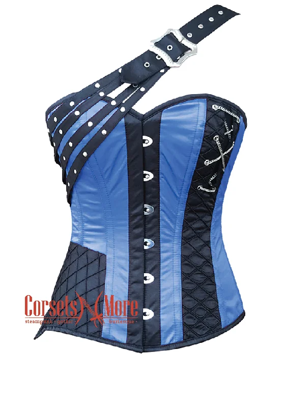 Corset for classic style-Blue and Black Satin Gothic Steampunk Costume Overbust Bustier Top