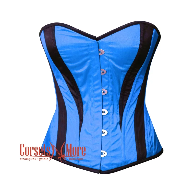 Corset with studded details-Blue and Black Satin Burlesque Costume Overbust Corset Top