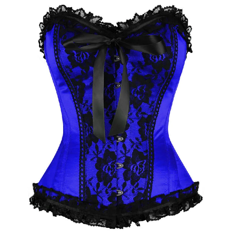 Corset in soft teal-Blue Satin Corset Waist Training Black Frill Net Gothic Burlesque Bustier Overbust