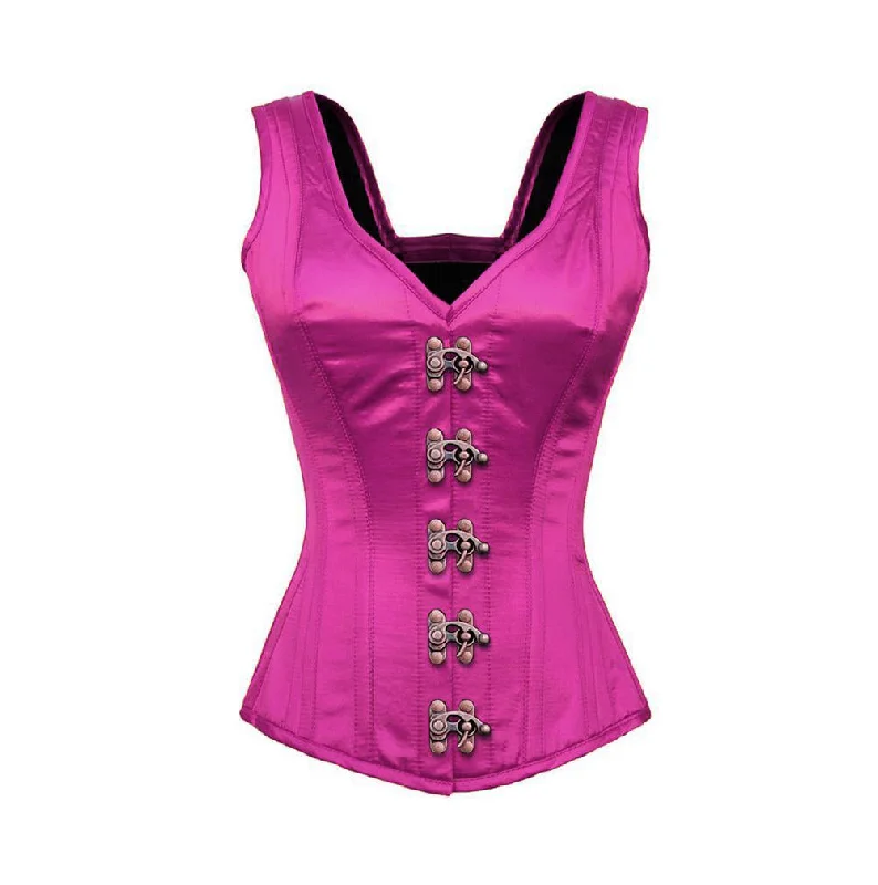 Corset top with tie-front-Purple Satin Shoulder Straps Overbust Corset Antique Seal Lock Burlesque Costume