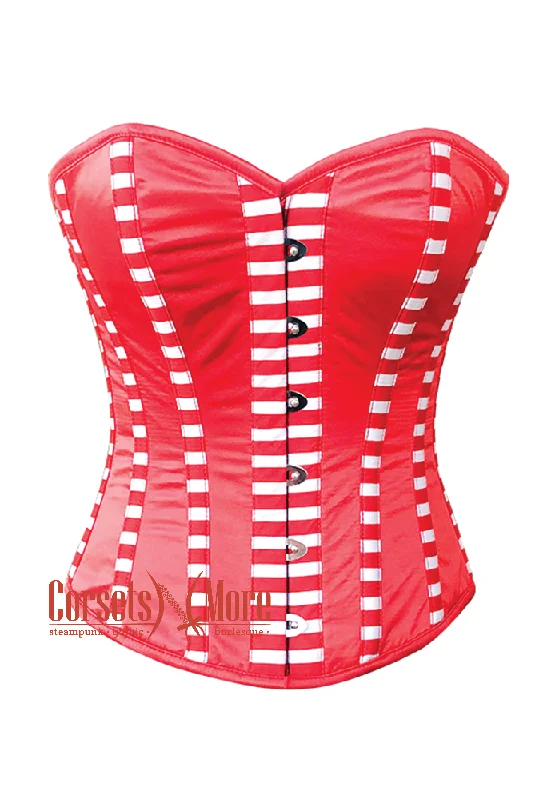 Corset for workout support-Red Satin Stripes Burlesque Gothic Costume Overbust Corset Top