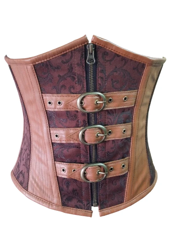 Corset top with deep V-neck-Brown Brocade & Leather Gothic Steampunk Waist Training Bustier Underbust Corset Costume